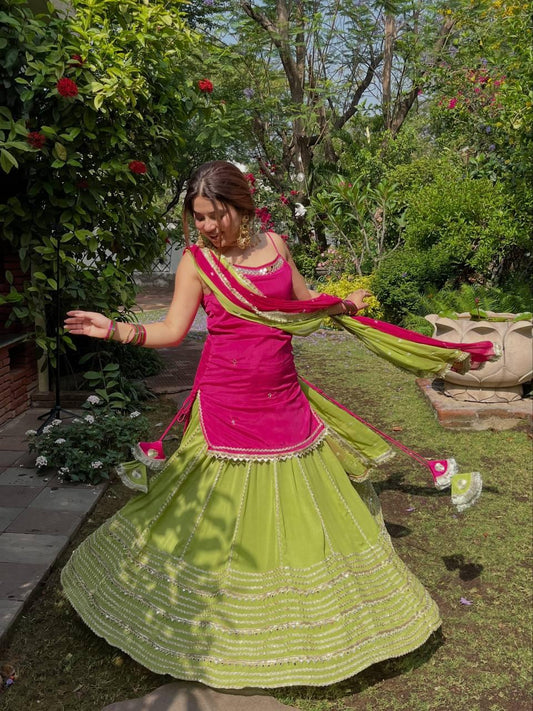Pink & Green Embroidered Lehenga Set with Lace Work
