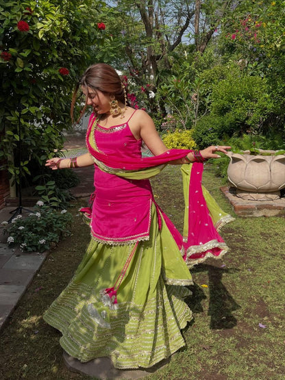 Pink & Green Embroidered Lehenga Set with Lace Work