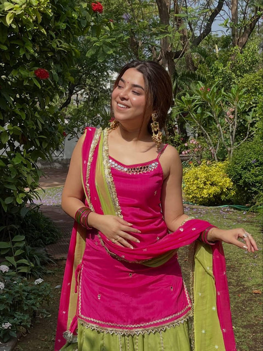 Pink & Green Embroidered Lehenga Set with Lace Work