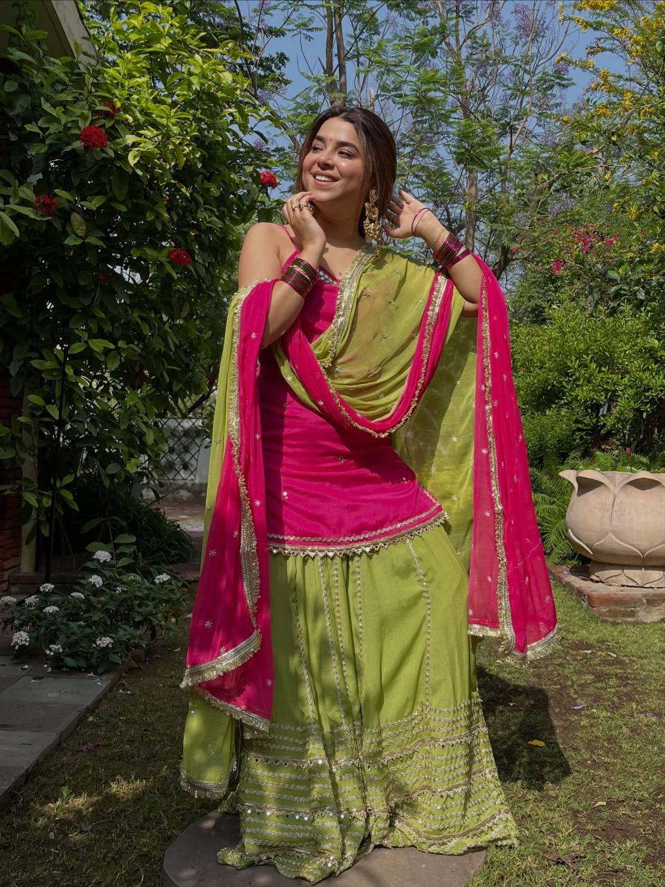 Pink & Green Embroidered Lehenga Set with Lace Work