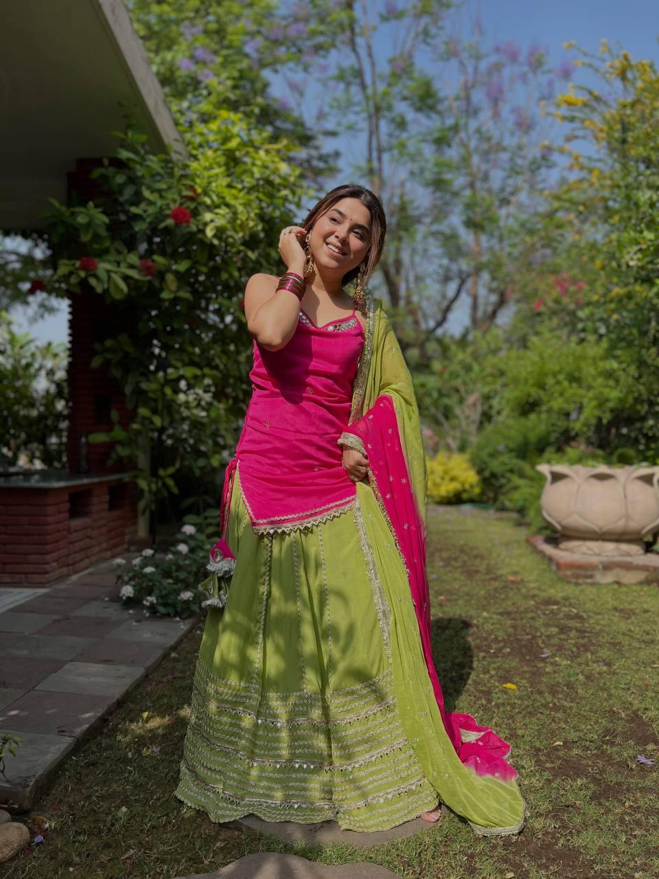 Pink & Green Embroidered Lehenga Set with Lace Work