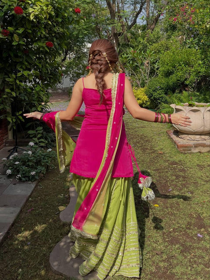 Pink & Green Embroidered Lehenga Set with Lace Work