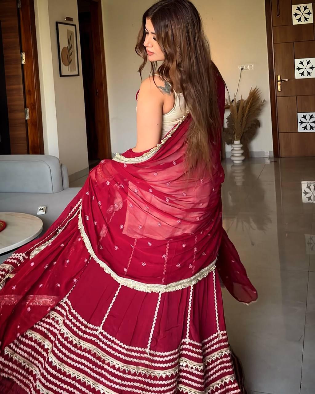 Red & White Embroidered Lehenga Set with Lace Work
