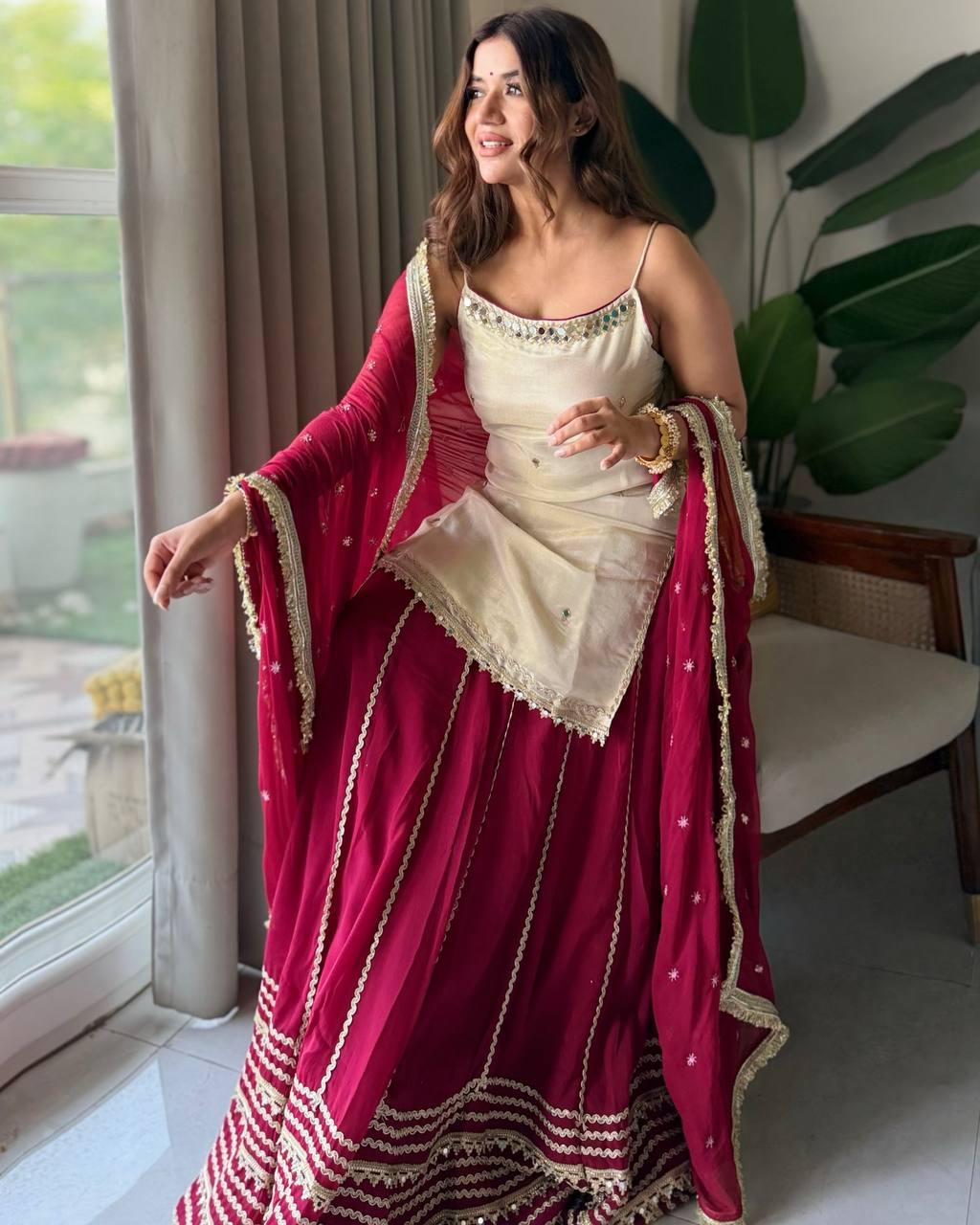 Red & White Embroidered Lehenga Set with Lace Work