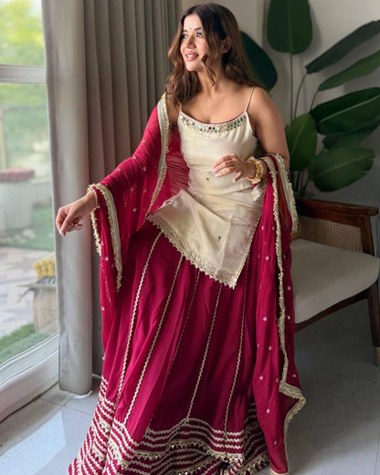 Red & White Embroidered Lehenga Set with Lace Work