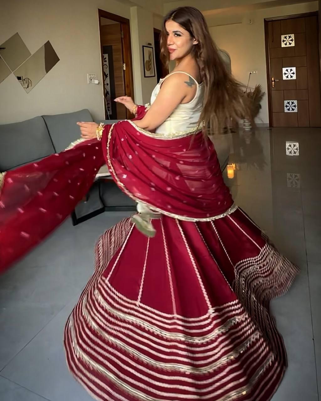 Red & White Embroidered Lehenga Set with Lace Work