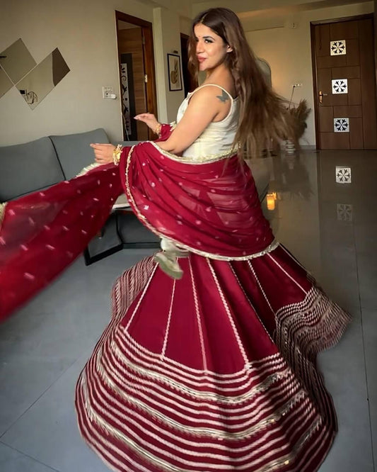 Red & White Embroidered Lehenga Set with Lace Work