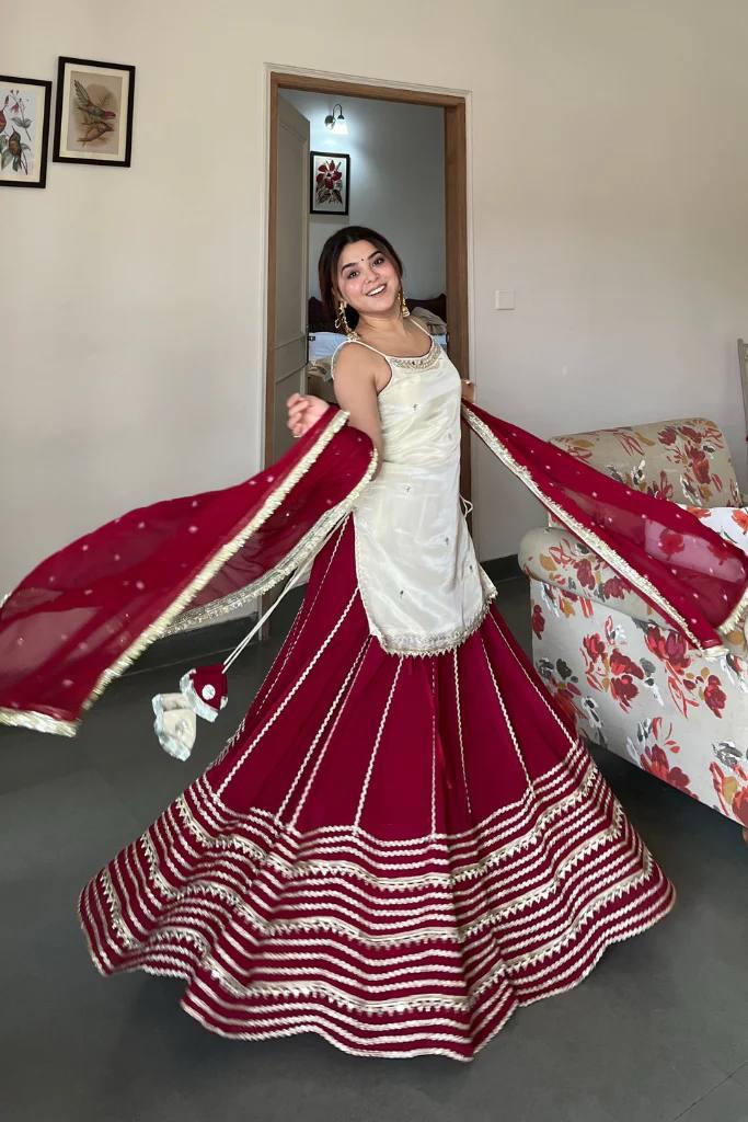 Red & White Embroidered Lehenga Set with Lace Work