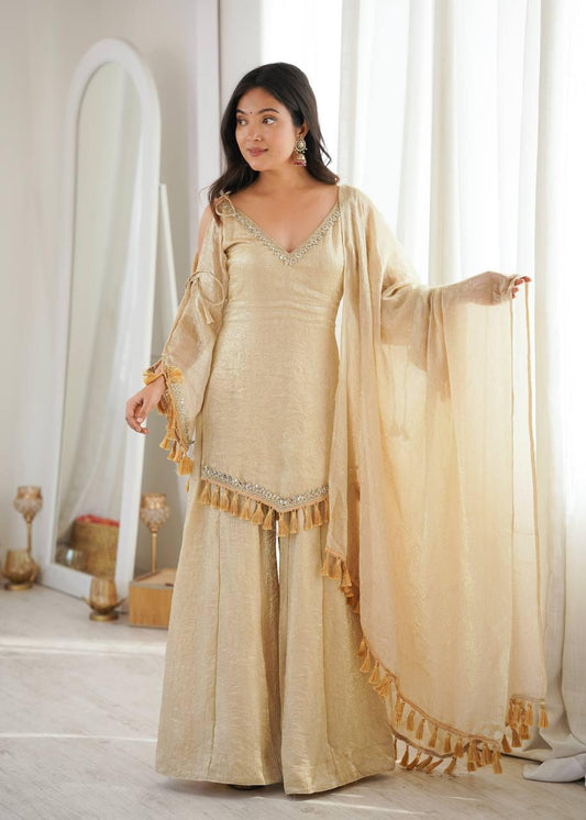 Beige Mirror Work Suit – Cold Shoulder Bell Sleeves, Palazzo & Dupatta