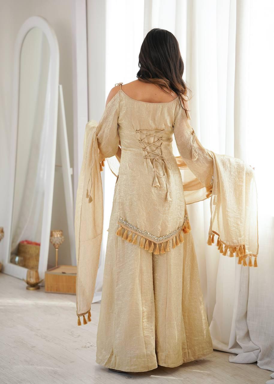 Beige Mirror Work Suit – Cold Shoulder Bell Sleeves, Palazzo & Dupatta