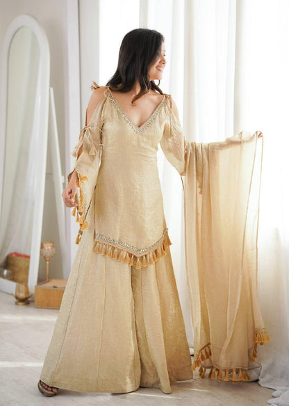 Beige Mirror Work Suit – Cold Shoulder Bell Sleeves, Palazzo & Dupatta
