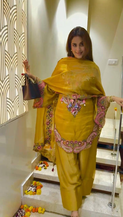 Mustard Heavy Georgette Embroidery Farshi Suit Set