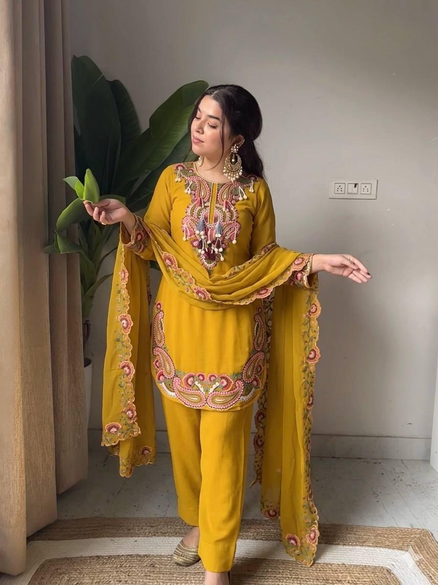 Mustard Heavy Georgette Embroidery Farshi Suit Set