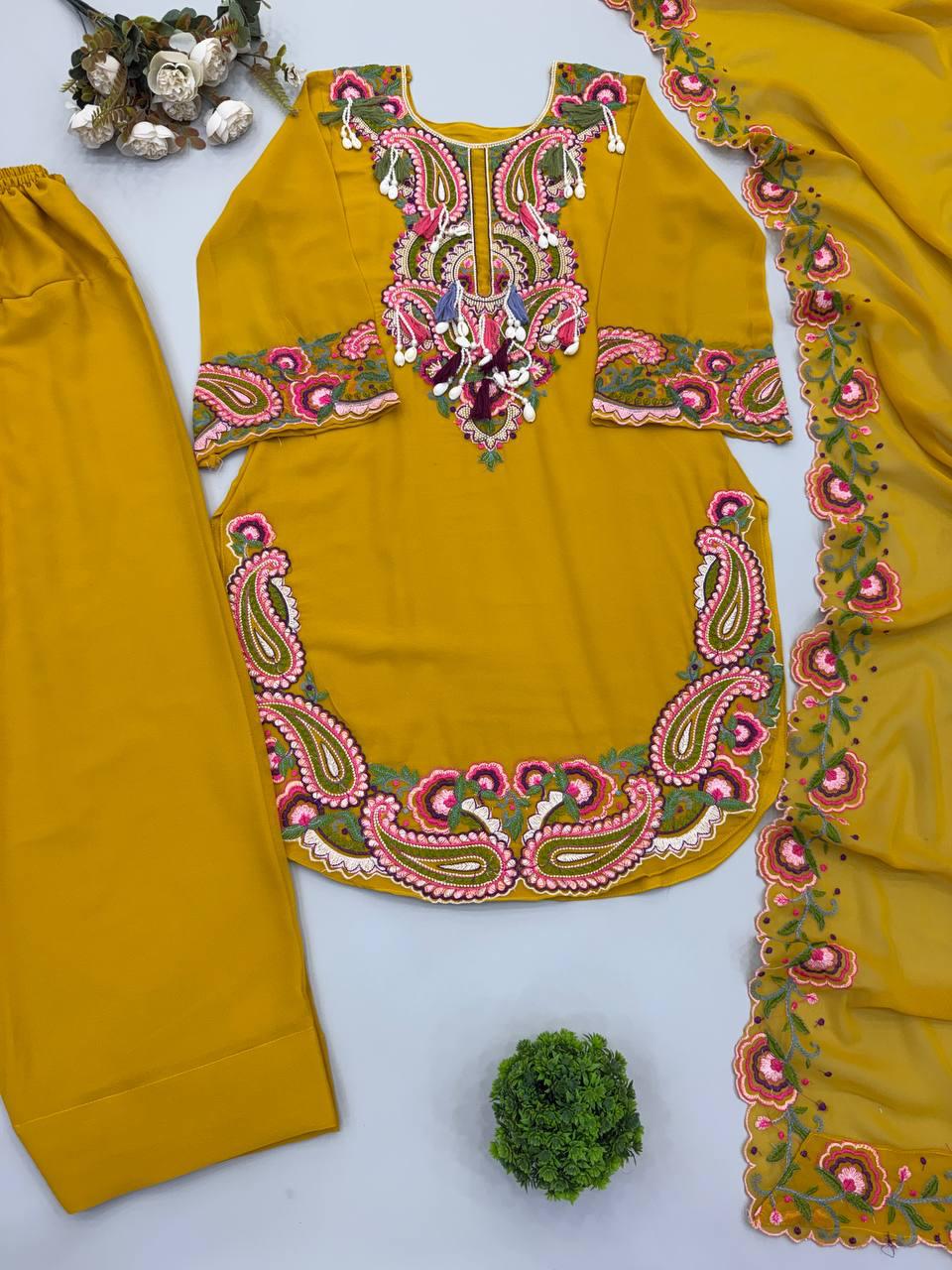 Mustard Heavy Georgette Embroidery Farshi Suit Set