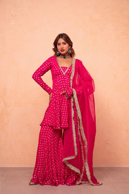 Rani Pink Jacquard Chanderi Sharara Suit Set