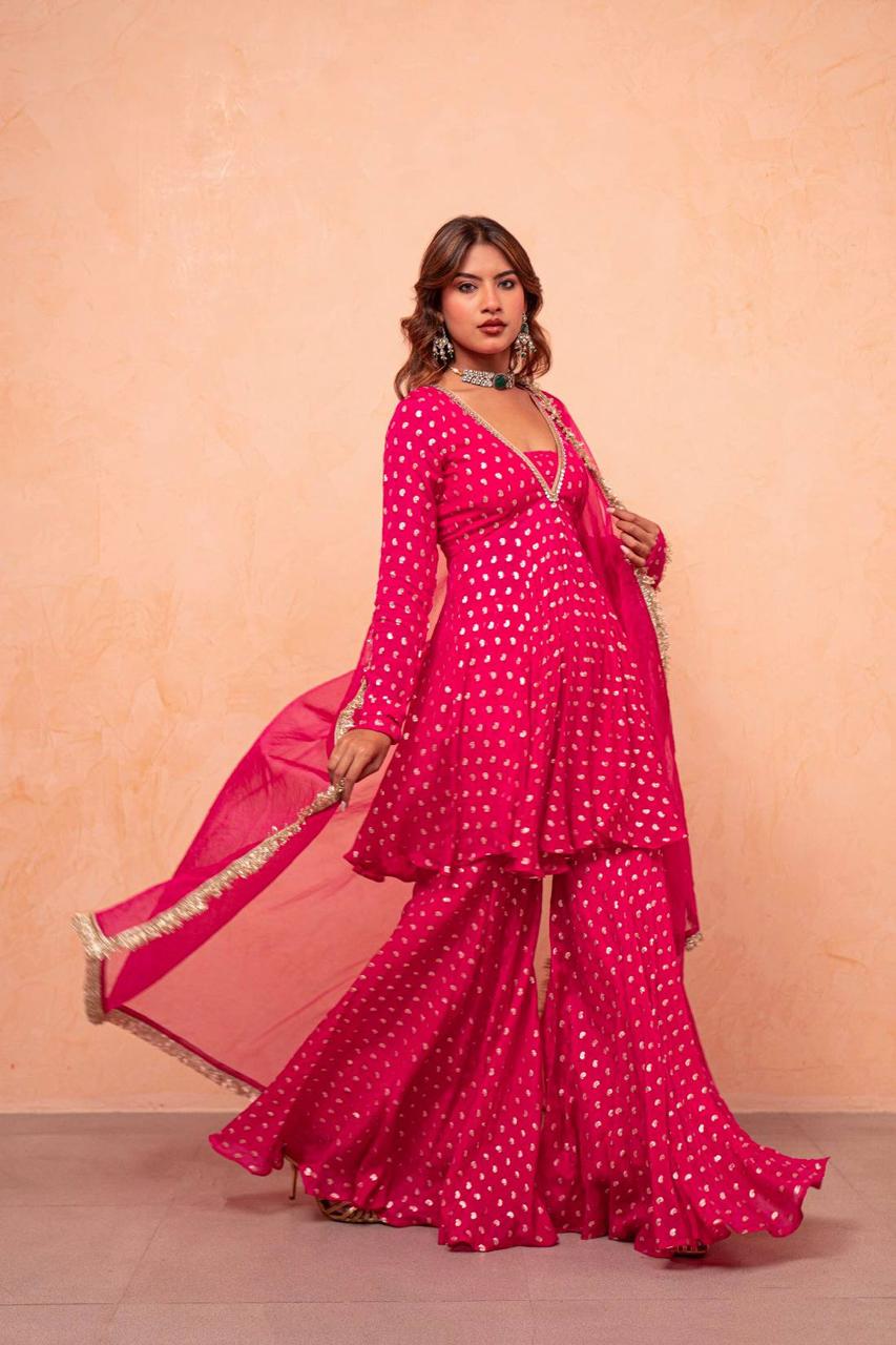 Rani Pink Jacquard Chanderi Sharara Suit Set