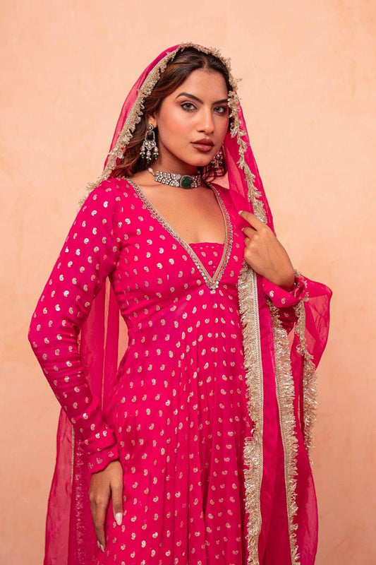 Rani Pink Jacquard Chanderi Sharara Suit Set