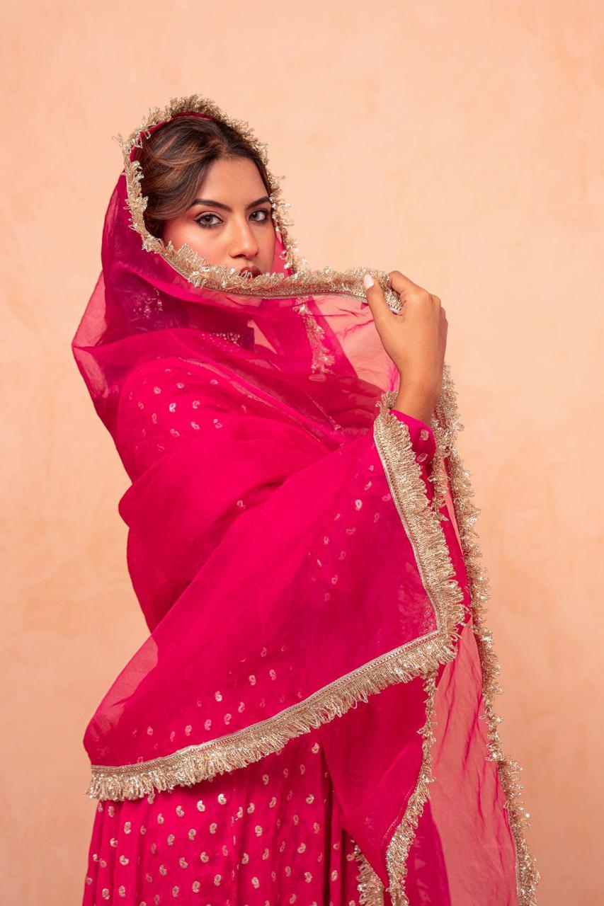 Rani Pink Jacquard Chanderi Sharara Suit Set