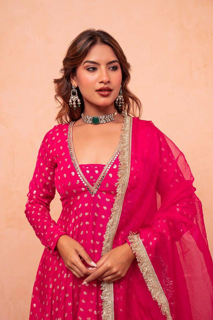 Rani Pink Jacquard Chanderi Sharara Suit Set