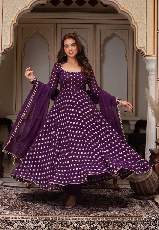 Chanderi Jacquard Mirror Work Flared Gown Set - Purple
