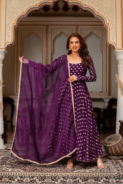Chanderi Jacquard Mirror Work Flared Gown Set - Purple