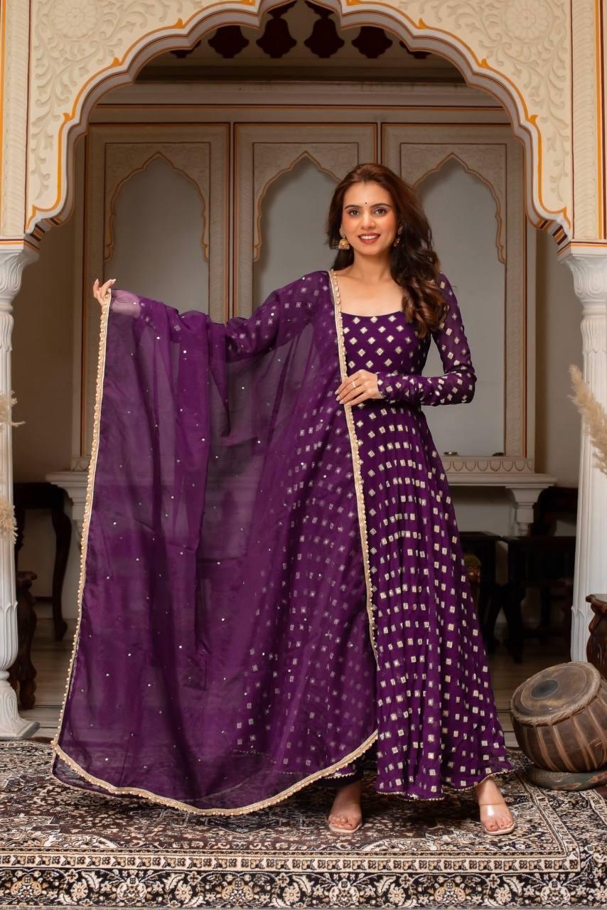 Chanderi Jacquard Mirror Work Flared Gown Set - Purple