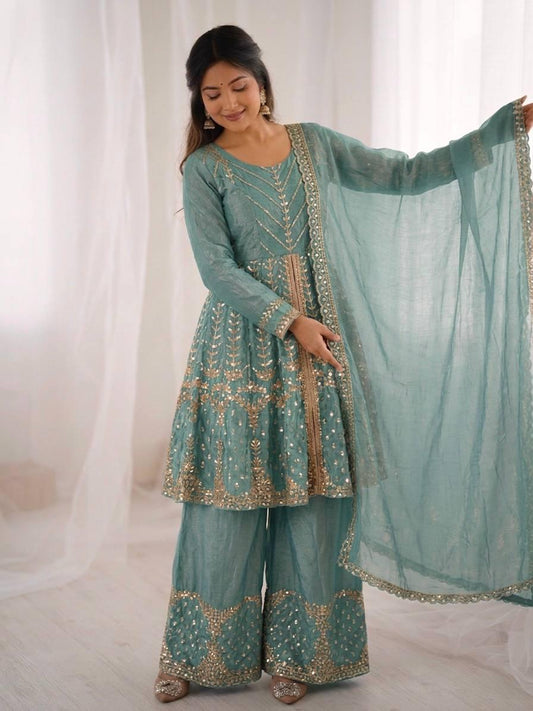 Sea Green Fendy Silk Embroidery Sacequence Palazzo Suit Set