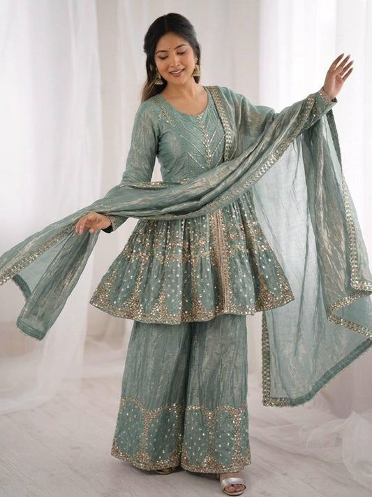 Sea Green Fendy Silk Embroidery Sacequence Palazzo Suit Set