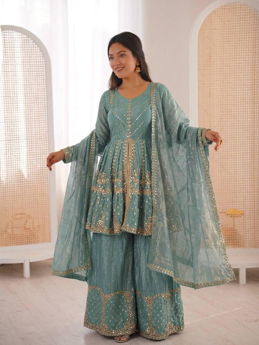 Sea Green Fendy Silk Embroidery Sacequence Palazzo Suit Set