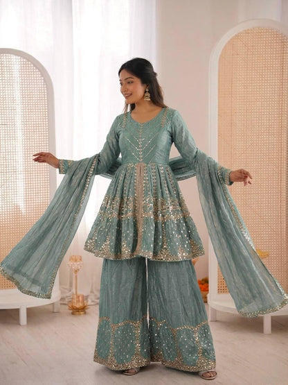 Sea Green Fendy Silk Embroidery Sacequence Palazzo Suit Set
