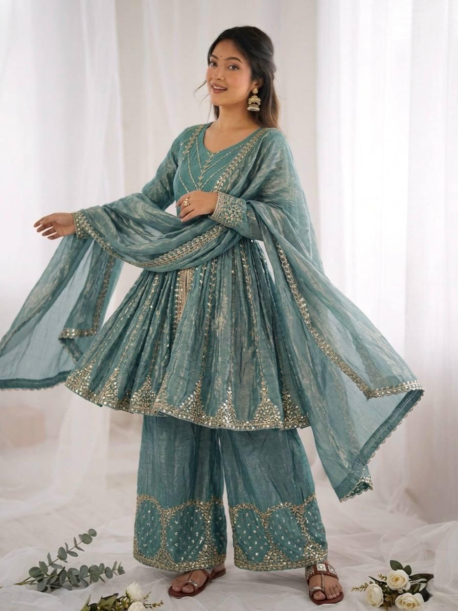 Sea Green Fendy Silk Embroidery Sacequence Palazzo Suit Set