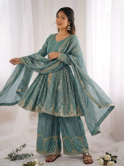Sea Green Fendy Silk Embroidery Sacequence Palazzo Suit Set