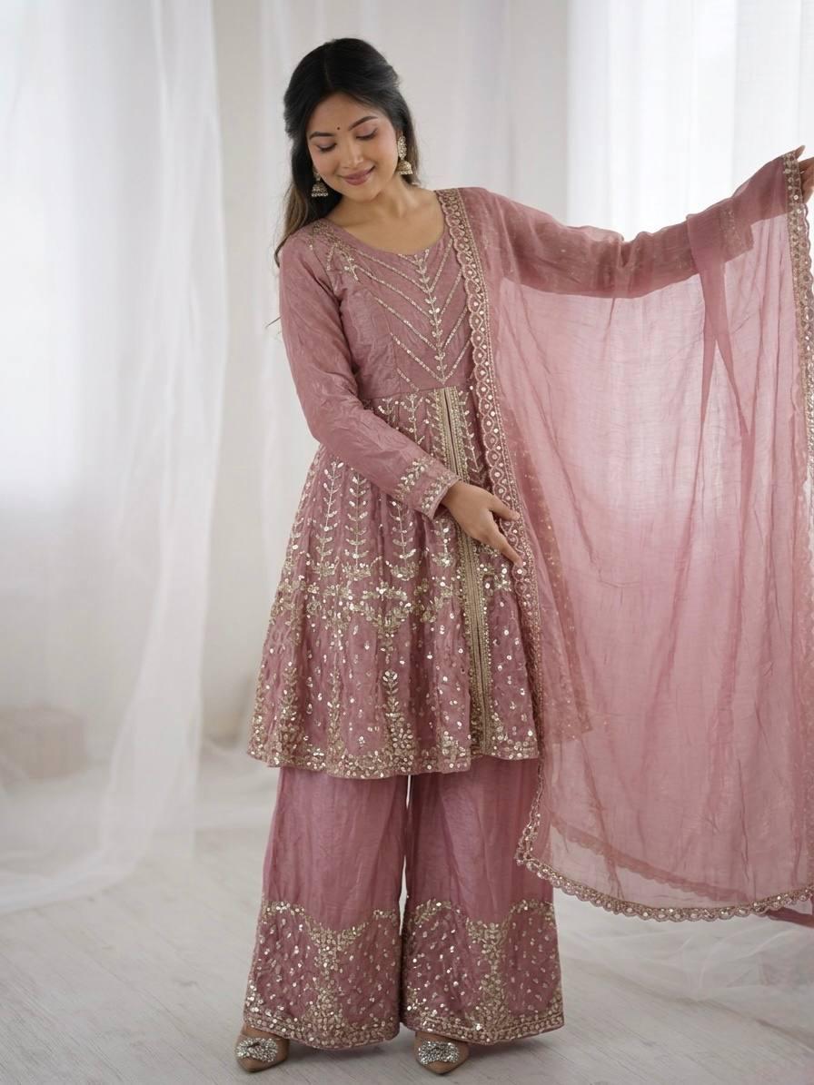 Sea Pink Fendy Silk Embroidery Sacequence Palazzo Suit Set