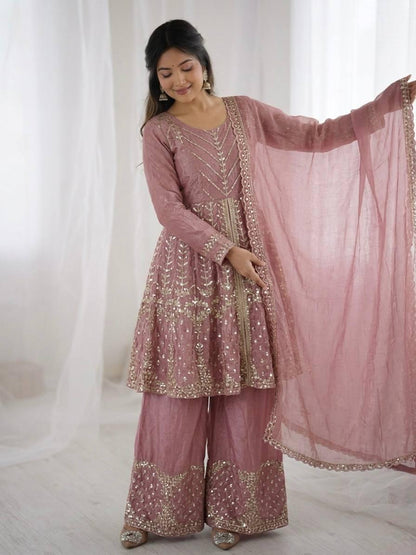 Sea Pink Fendy Silk Embroidery Sacequence Palazzo Suit Set