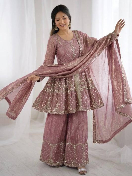 Sea Pink Fendy Silk Embroidery Sacequence Palazzo Suit Set