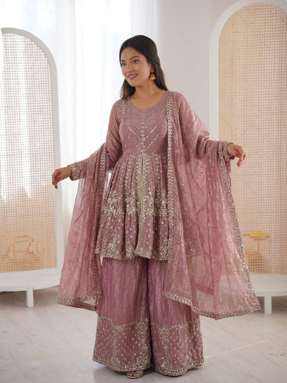 Sea Pink Fendy Silk Embroidery Sacequence Palazzo Suit Set