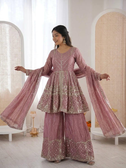 Sea Pink Fendy Silk Embroidery Sacequence Palazzo Suit Set