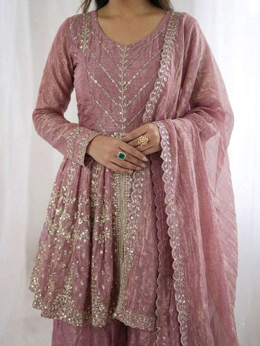 Sea Pink Fendy Silk Embroidery Sacequence Palazzo Suit Set