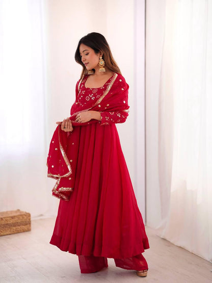 Red Crunchy Silk Embroidered Flared Gown Set
