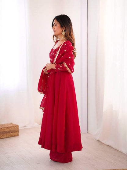 Red Crunchy Silk Embroidered Flared Gown Set