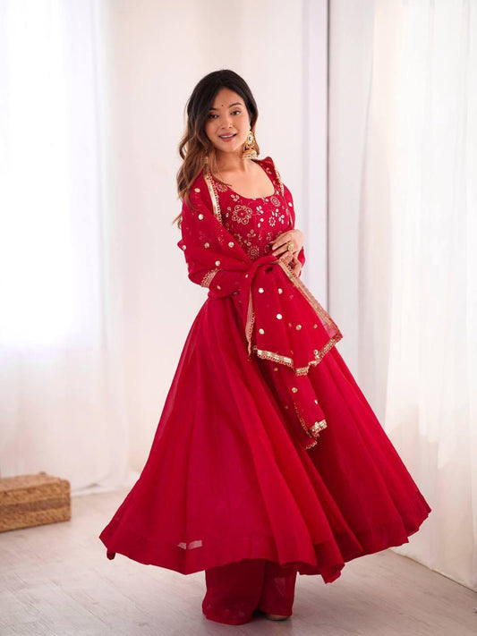 Red Crunchy Silk Embroidered Flared Gown Set