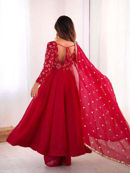Red Crunchy Silk Embroidered Flared Gown Set