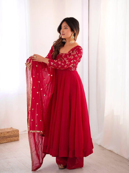 Red Crunchy Silk Embroidered Flared Gown Set