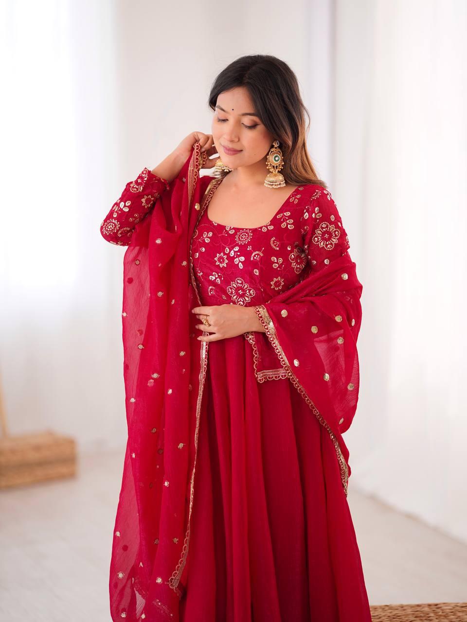 Red Crunchy Silk Embroidered Flared Gown Set