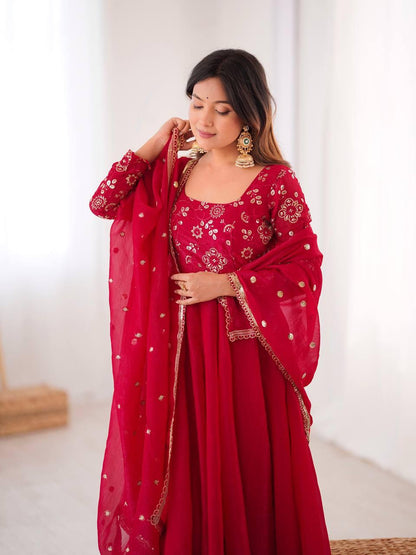 Red Crunchy Silk Embroidered Flared Gown Set