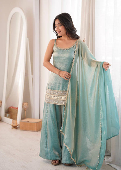 Sea Green Mirror Work Embroidery Palazzo Suit Set