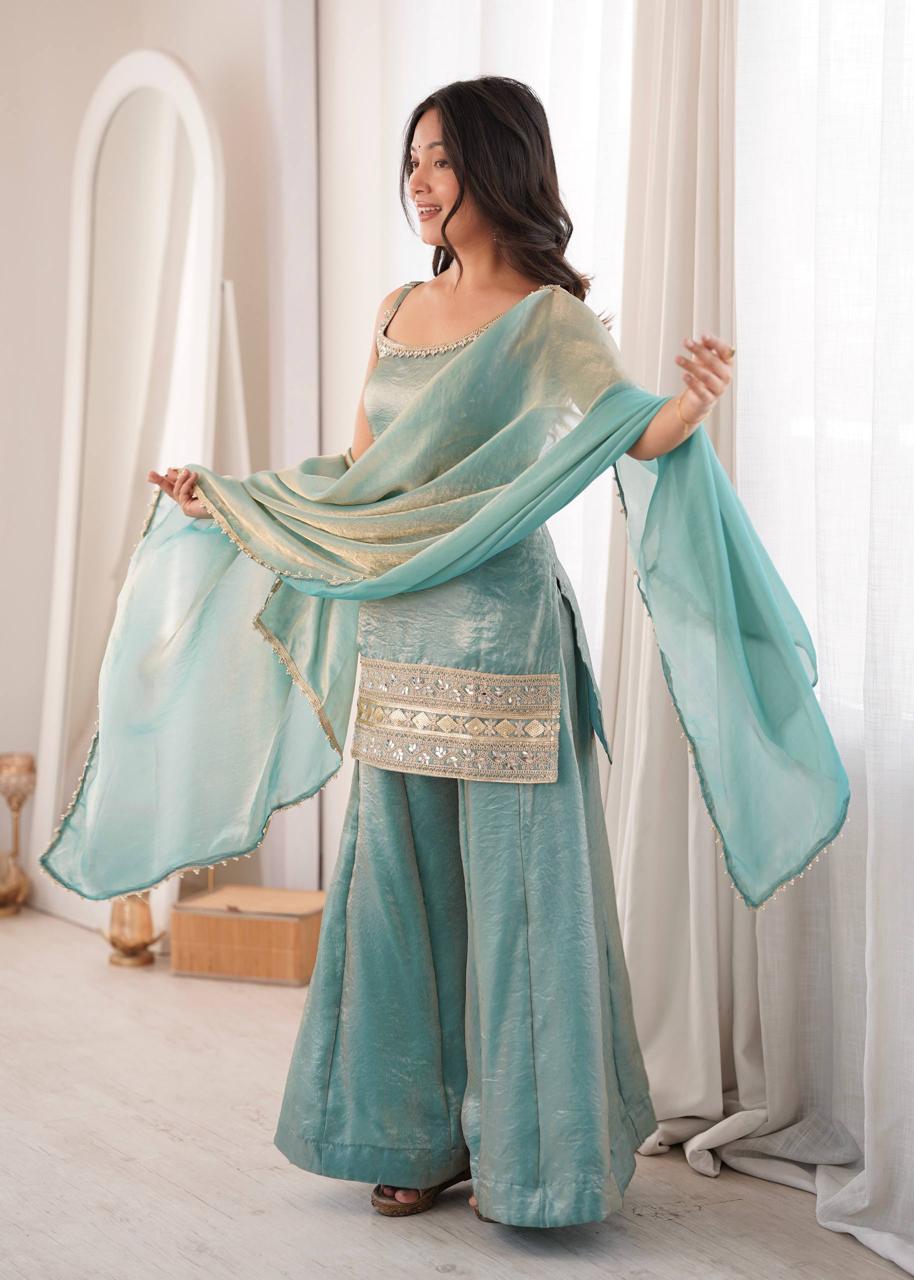 Sea Green Mirror Work Embroidery Palazzo Suit Set