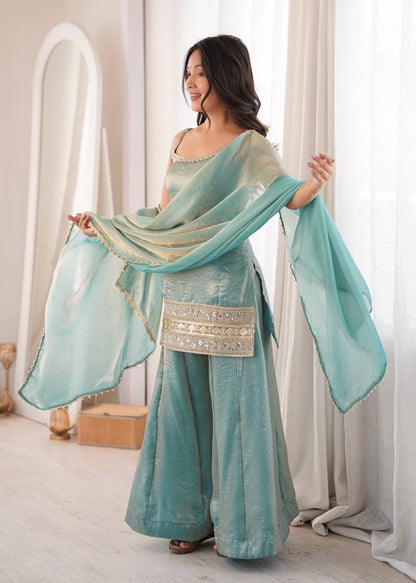 Sea Green Mirror Work Embroidery Palazzo Suit Set