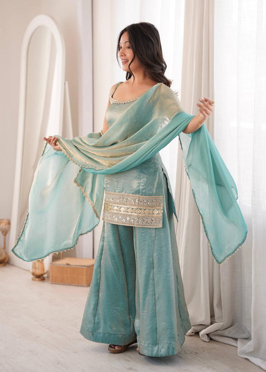 Sea Green Mirror Work Embroidery Palazzo Suit Set