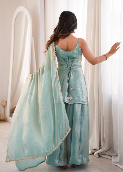 Sea Green Mirror Work Embroidery Palazzo Suit Set